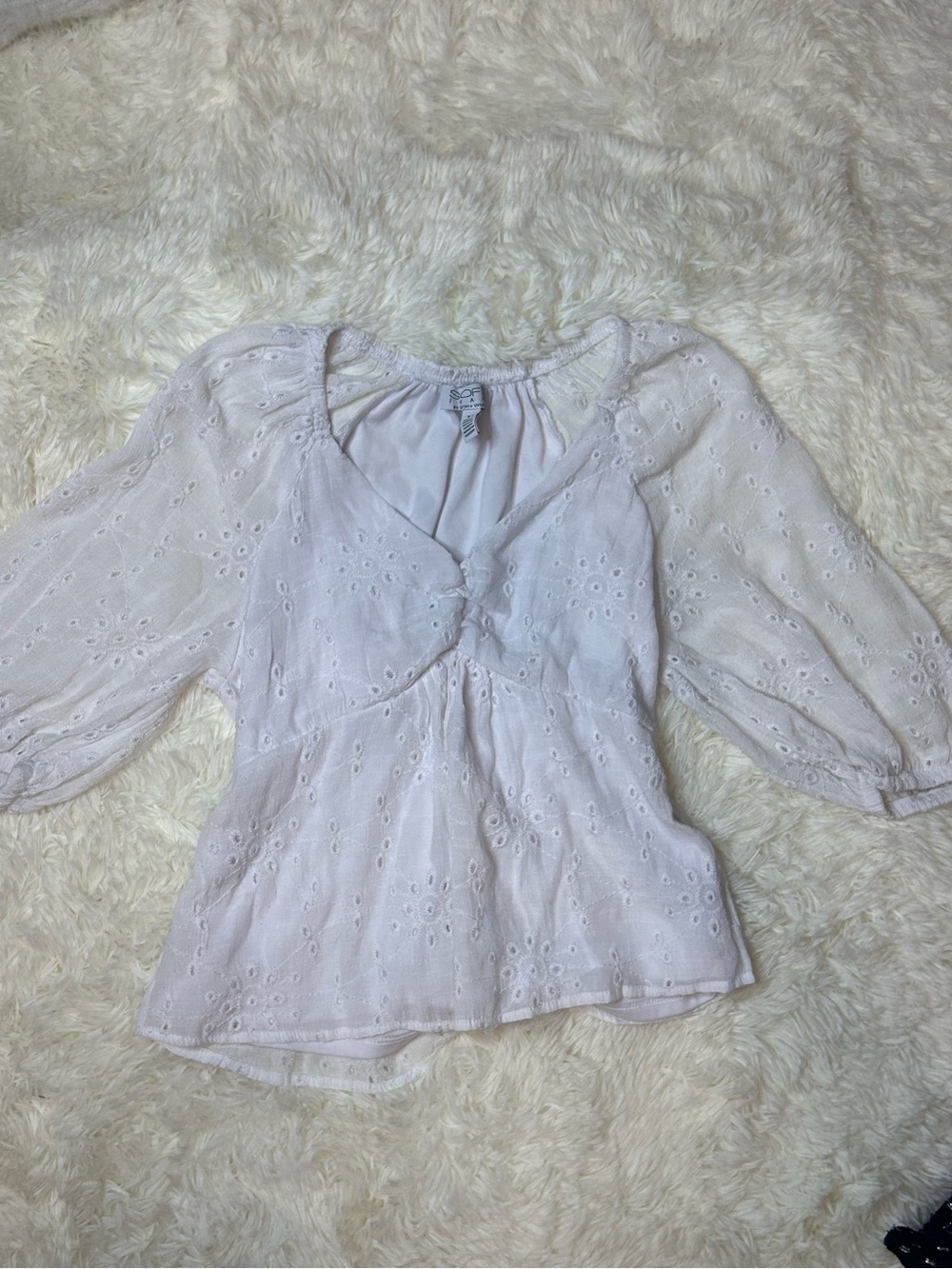 White Eyelet V-Neck Peasant Blouse - Women
